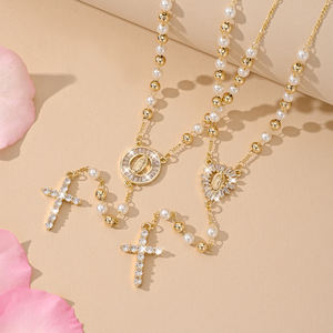 Nuovo <span class=keywords><strong>Rosario</strong></span> Lungo Religioso con Croce e Perline, Collana <span class=keywords><strong>Rosario</strong></span> Cattolico con Madonna, Collane con Perline Placcate <span class=keywords><strong>Oro</strong></span> - Product Image 1