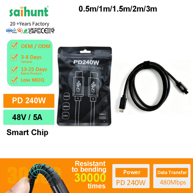 240W PD 5A Nylon Braided USB-C Cable 1M/2M USB2.0 QC3.0 Fast Charge Data Cord for Samsung Laptops & Phones