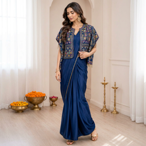 Elegant Modern Navy Blue Crepe Sheath Gown <b>with</b> Embroidered Three Quarter Sleeve <b>Jacket</b> V-Neck Bow Collar Floor-Length Dress - Product Image 1