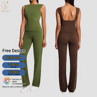 Ensemble de sport 2 pièces pour femme, effet seconde peau, extensible, avec pantalon de yoga évasé froncé respirant et débardeur en tissu écologique