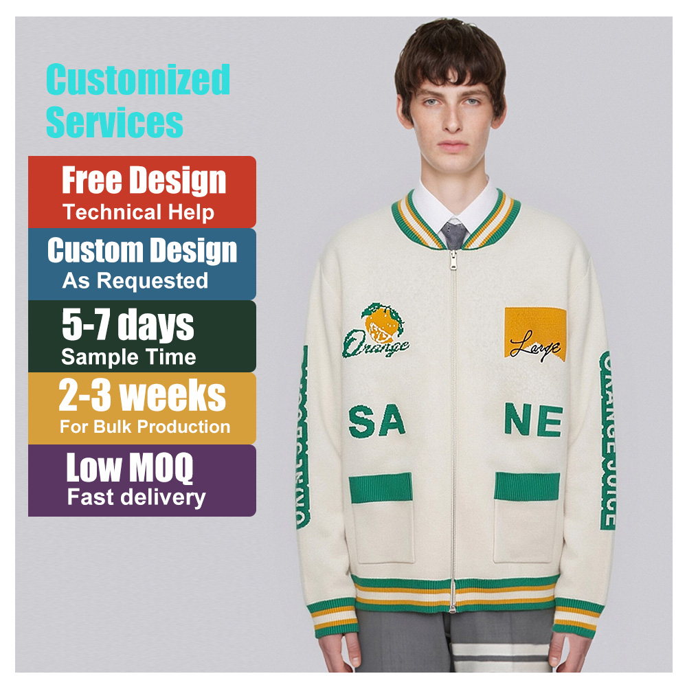 Custom Logo Men's Sweater Cardigan Knitted Jacquard Full Zip Winter Warm Casual Fashion Oversized Pockets Streetwear Breathable