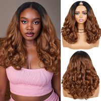 Perruque mi-longue bouclée en V de 18 pouces, marron mélangé, en fibre résistante à la chaleur, pour débutantes, en stock, vente en gros