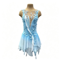 Robe de patinage artistique 3D à motif floral dégradé bleu clair et blanc, sans manches, dos ouvert en maille, costume de danse sur glace pour adultes et enfants