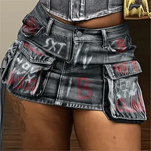 ZHEZHE Women 2024 New Summer Jeans Skirts Letter Printed Style Multi-pocket Cargo Denim Mini Skirt