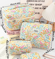 Ensemble de 3 trousses de toilette portables grande capacité, motif floral, personnalisables avec logo, en coton matelassé léger