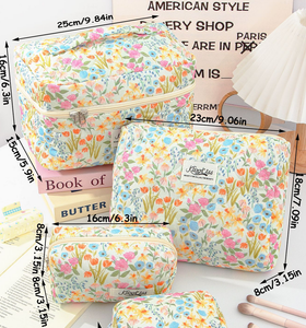 Große Kapazität Tragbare Lippenstift-Kosmetiktasche 3-teiliges Blumenmuster Aufbewahrungstaschen-Set Individuelles Logo Gesteppte Baumwolle Leichte Toilettentaschen - Product Image 3
