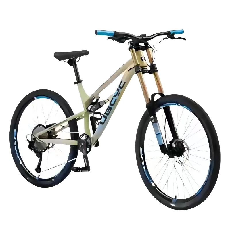 Bicicleta de montaña amarilla clara con suspensión completa