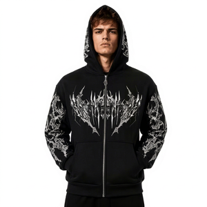 2026 Mens Luxury Streetwear <b>Black</b> Gothic Zip Up <b>Hoodie</b> Thorn Print Full Zip Oversized Heavyweight Graphic <b>Hoodie</b> - Product Image 1