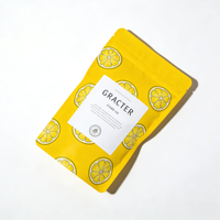 Sachet alimentaire vide personnalisé jaune imprimé, motif citron mat, étiquette blanche, refermable avec fermeture éclair et encoche de déchirement, vente en gros