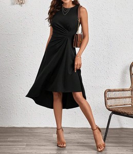 Vestido Midi Casual para Mujer, Color Verde Negruzco, con Cuello Redondo y Detalle Fruncido, Talla XL, Sin Mangas, Color Sólido, Venta al Por Mayor - Product Image 2