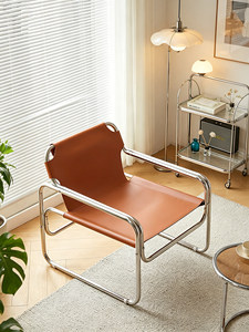 Poltrona Moderna Minimalista Stile Bauhaus Mid-Century, Sedia da Caffè in Pelle e Acciaio Inossidabile - Product Image 2