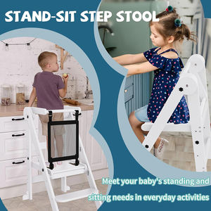 Tabouret <span class=keywords><strong>de</strong></span> cuisine pliable en <span class=keywords><strong>bois</strong></span> pour enfants à 3 hauteurs réglables, tour d'apprentissage Montessori pour enfants avec barres <span class=keywords><strong>de</strong></span> sécurité - Product Image 2