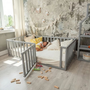 Barrière de sécurité au sol pour lit double moderne, en bois, pour enfants et bébés, parc de jeu, design Montessori, pour école, chambre et salon - Product Image 2