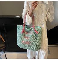Sac fourre-tout en paille tressée vert menthe fraîche, grande capacité, style vacances à la plage, fait main, vente en gros