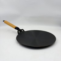 Wajan Tawa Besi Cor Ringan dengan Gagang Kayu Panjang untuk Menggoreng Dosa, Pancake, Pizza, Teppanyaki, Panggangan Datar, Roti Dosa