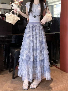 Vestido <span class=keywords><strong>de</strong></span> chifón azul tie-dye <span class=keywords><strong>de</strong></span> media longitud con malla para mujer, estilo veraniego, súper etéreo, con volantes en capas y diseño <span class=keywords><strong>de</strong></span> pastel. - Product Image 5