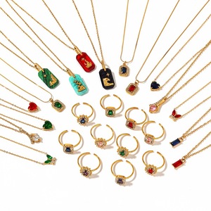 Conjunto de collar y anillo de acero inoxidable con forma geométrica, chapado en oro de 18k, con circonitas, accesorio de moda para uso informal. - Product Image 5