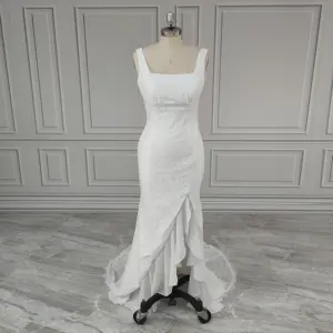 100% Real Photos Elegant Square Collar Straps Chiffon Mermaid Wedding Dress Asymmetrical Split Rose Lace Bride Gown For Party