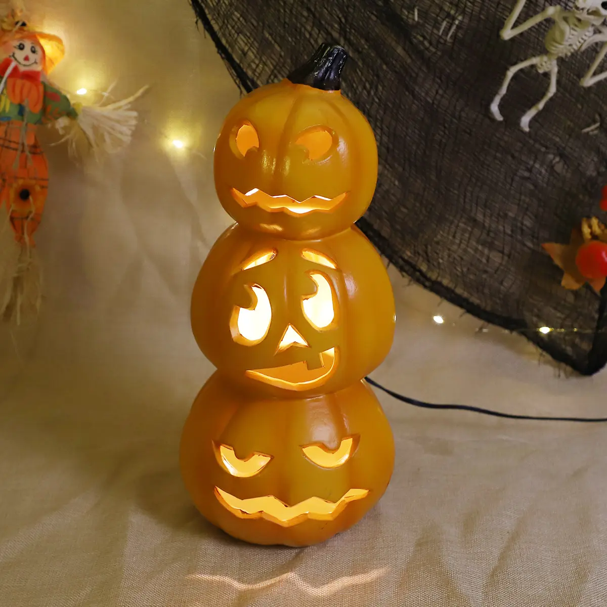 Wholesale led lighted stacked 3 tiers carved design orange carving Halloween faces pumpkin decoration with cord plug