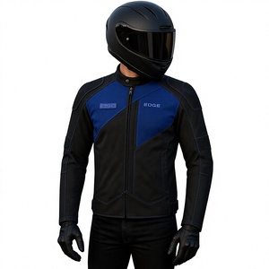 Blouson de moto en cuir noir et bleu à blocs de couleur, manches longues, fermeture éclair, col montant, coupe-vent, imperméable, pour la moto - Product Image 3