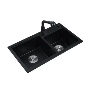 Double bowl kitchen sink wash modern dishes Black kitchen sink Capacity Rock Quartz Granite Kitchen Sink