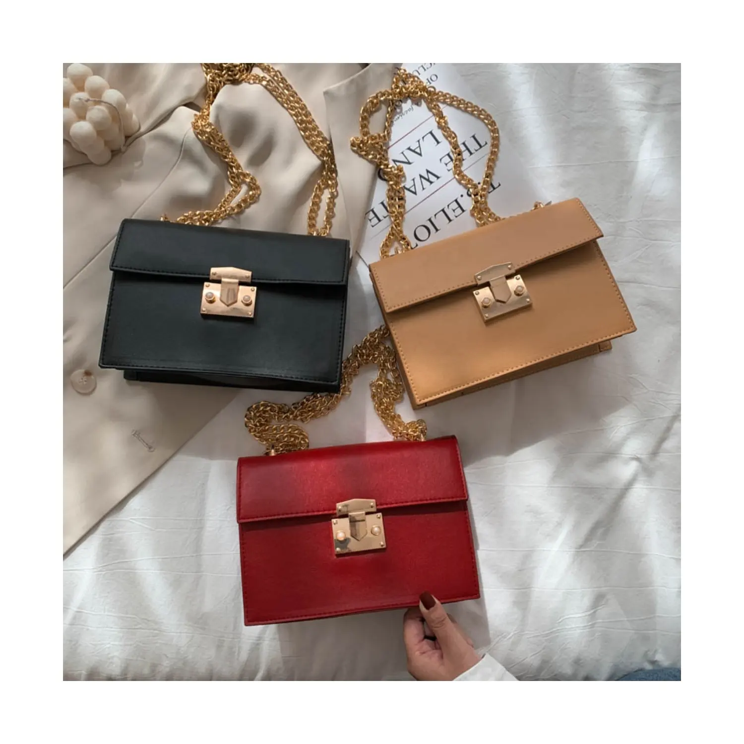 Fashion leather women lock chain shoulder crossbody hand bags female elegant small square red purse luxury bags ladies handbag