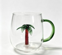 Gobelet en verre borosilicate de 420 ml, design moderne 3D palmier, poignée verte, compatible lave-vaisselle et micro-ondes, pour l'eau