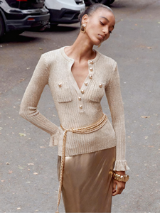 Chaqueta de Punto Delgada Informal de Manga Larga para Mujer de Oficina, Secado Rápido, 220 g, Novedad de Otoño, Elegante Cárdigan con Cuello en V Dorado - Product Image 2