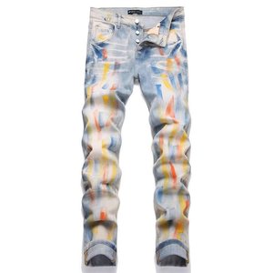 Jean en denim déchiré de créateur pour homme, écologique, respirant, blanc, coupe slim, jambe droite, avec trous déchirés peints à la main - Product Image 6