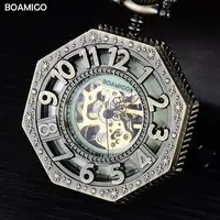 Erkek cep saatler antika mekanik saatler iskelet sıcak bakır hediyelik saat alaşım durumda lüks zincir BOAMIGO marka FOB saatler
