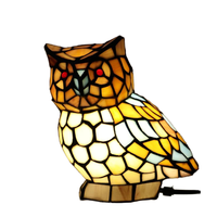 Lampe de table moderne en forme de hibou, dôme en verre teinté jaune et blanc, avec alimentation électrique