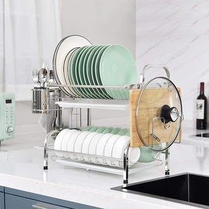 Égouttoir à vaisselle à 2 niveaux en acier inoxydable, support de séchage de vaisselle à deux niveaux, organisateur de vaisselle de cuisine avec plateau de drainage - Product Image 3