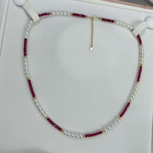 <b>Delicate</b> Beaded <b>Necklace</b> Combined with Faceted Ruby Beads and 4-5mm Aurora Freshwater Pearls, Finished with Sterling Silver - Product Image 2