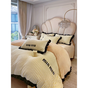 Princess Style Winter Thickened Milk Fleece Four Piece Bedding Set Vertical Stripes <b>Double</b> Sided Warm Duvet Cover - Product Image 4