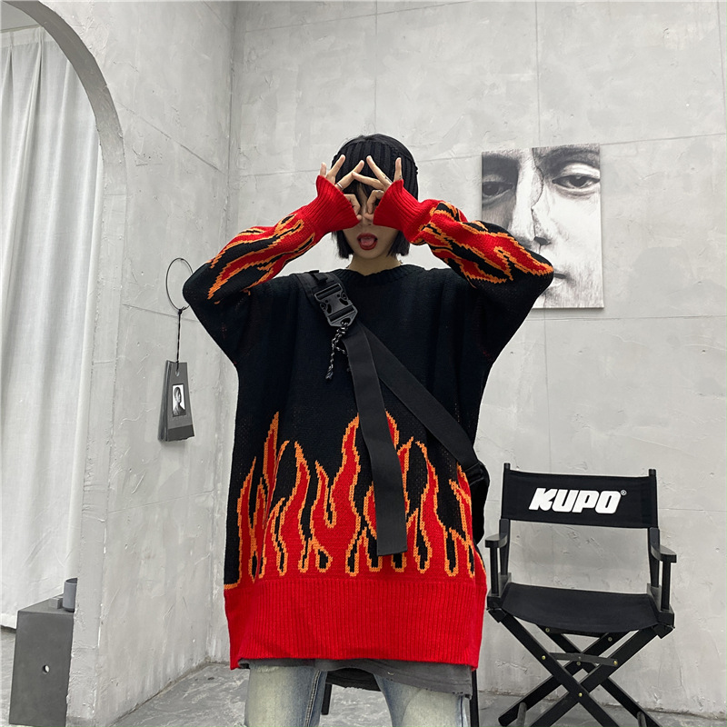 Осенне-зимний пуловер с эффектом пламени, черный и красный свитер ins, свободный свитер для пар, свитер для ленивых