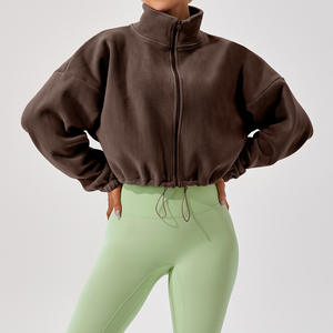 Women's <strong>Cropped</strong> Zip Hoodie Fleece Thickness Sportswear Solid Winter <strong>Sweaters</strong> Drawstring Coat Yoga <strong>Top</strong> - Product Image 5