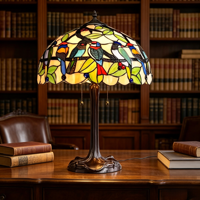 Lampe de table moderne vintage en vitrail avec oiseaux, mosaïque de luxe, oiseau sur branche, lampe de bureau LED, bronze antique pour chambre à coucher, chevet