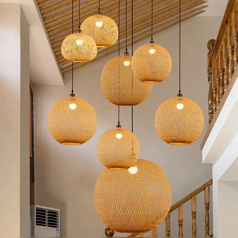 Factory Direct Hotel Restaurant Handmade Natural Woven Ball Bamboo Chandelier Lighting