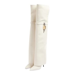 Botas de tacón alto de aguja para mujer, de gamuza, con cierre de tiburón metálico, plegables por encima de la rodilla, con punta, en colores personalizados - Product Image 2