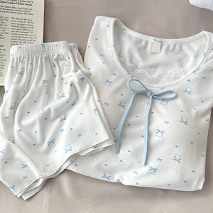 Set Estivo Personalizzato OEM in Due Pezzi, Modal a Coste con Stampa e Reggiseno Integrato, <span class=keywords><strong>Pigiama</strong></span> e Completo Loungewear per Donna - Product Image 2