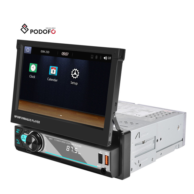 Podofo Single Din 7'' Car MP5 Player Wireless Carplay Android Auto Retractable Touch Screen Auto Electronics USB BT FM MIC