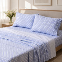 Parure de draps en microfibre 4 pièces à motif carreaux bleus et marguerites, comprenant drap-housse, drap plat et taies d'oreiller