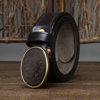 Sabuk Desain Vintage Sabuk Tren Mode Sabuk Kulit Gesper Pelat Berukir Laser untuk Pria Sabuk Pria Asli Sabuk Jeans Pria