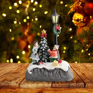 Conjunto de resina LED para decoración de Navidad, conjunto de pueblo de Papá Noel, agujas de pino, nieve, vista a la calle, casa, regalo de vacaciones, adornos para el hogar