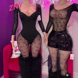 Sexy Doorzichtige Maan Dameskleding Mesh 2-delige Set Dames Top Met Lange Mouwen En Leggings Set Dames Tweedelige Broeksets - Product Image 1