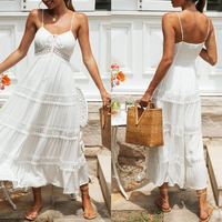 Robe longue décontractée blanche à bretelles spaghetti, style bohème, taille naturelle, coupe ample évasée, avec dentelle unie, idéale pour l'été