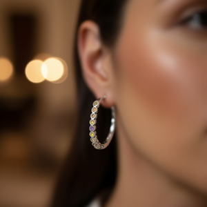 Eleganti Orecchini a Cerchio in Oro Bianco con Citrino e Ametista Incastonati, Argento 925, Gioielli Classici da Donna per Uso Quotidiano - Product Image 2