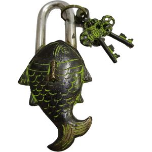 PARIJAT Handicraft Mini Brass <b>Padlocks</b> Functional with Two Keys Beautifully Ornate Fish Monastery Lock Vintage Natural Patina - Product Image 1