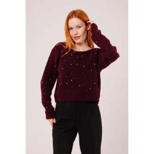 เสื้อสเวตเตอร์ผู้หญิงสีเบอร์กันดี แขนยาว ประดับด้วยหิน ดีไซน์เปิดหลัง สไตล์หรูหรา - Product Image 2