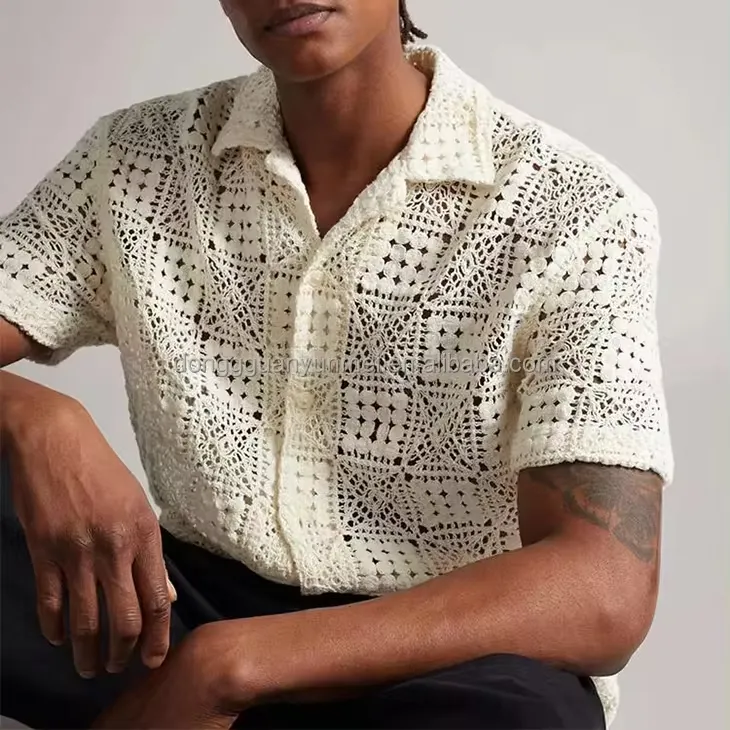Yaz giyim rahat doku crotchet düğme Up dantel gömlek özel erkek moda kısa kollu tığ örgü gömlek erkekler için